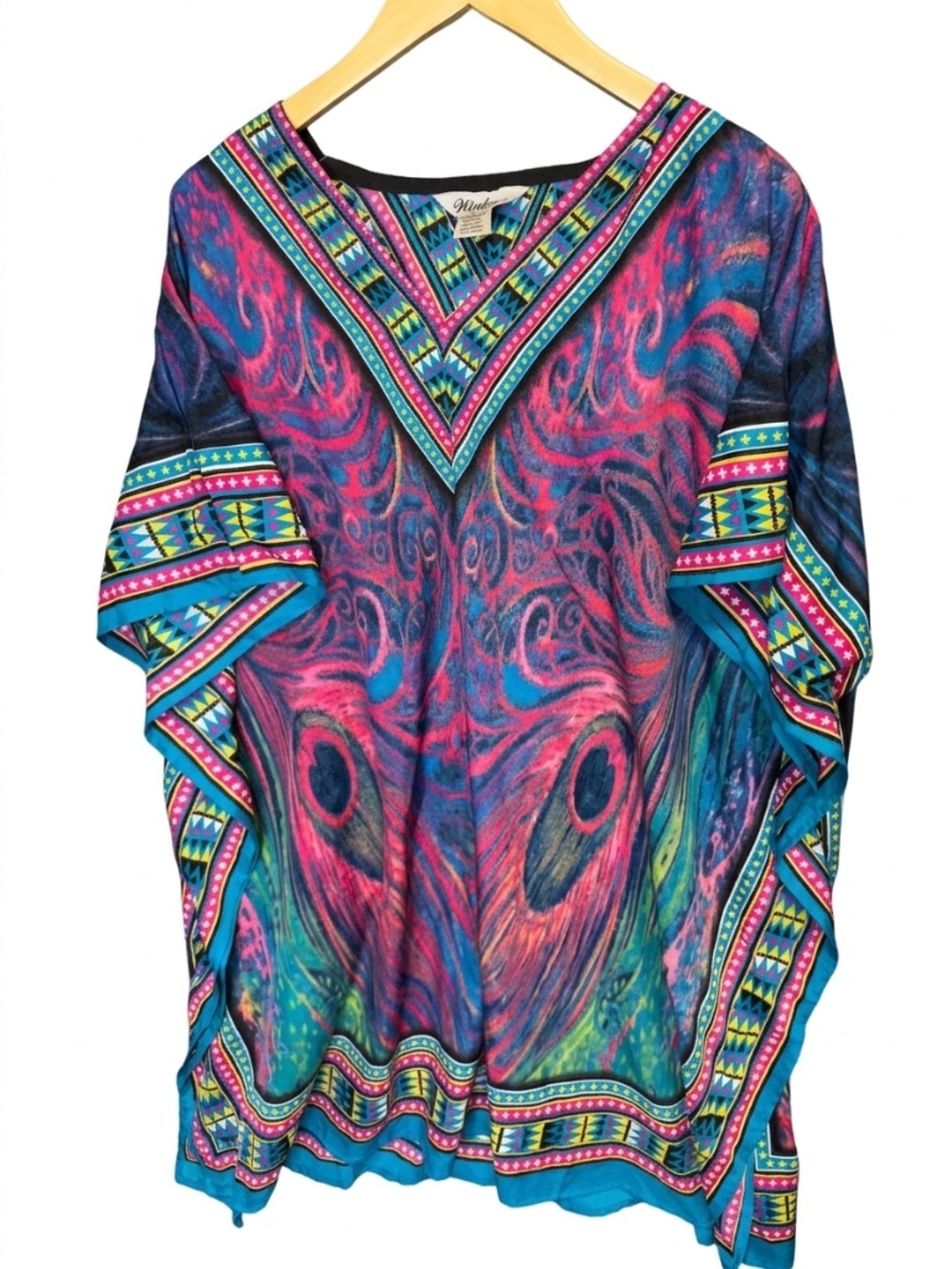 Winlar Peacock & Geometric Print Kaftan Tunic OS